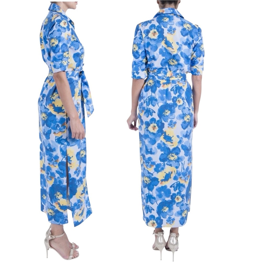 Julia Jordan Blue Yellow Floral Midi Side Slit Shirtdress JJ39990 Womens Size 2